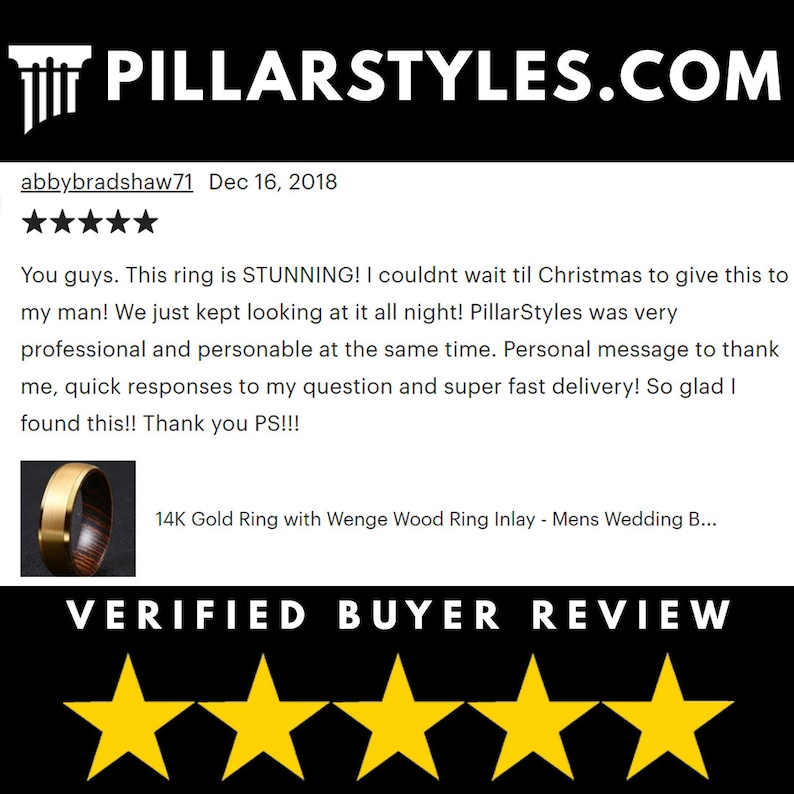May include: A close-up of a gold and brown wood ring. The ring has a 14K gold band with a Wenge wood inlay. The text "14K Gold Ring with Wenge Wood Ring Inlay - Mens Wedding B..." is visible below the ring. The text "VERIFIED BUYER REVIEW" is visible below the ring.