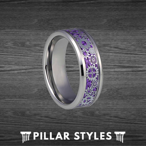 Tungsten Wedding Band Mens Ring Purple Steampunk Ring Mens Wedding Band  Carbon Fiber Ring Gearhead Gift Mechanical Ring Engineer Ring