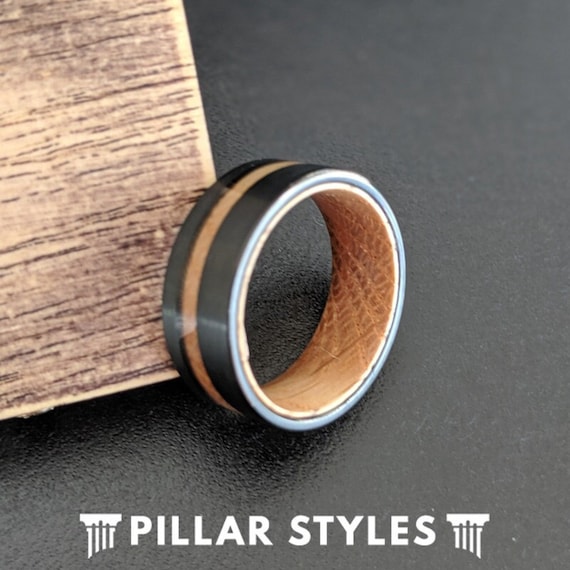 8mm Bourbon Barrel Ring Mens Wedding Band Tungsten Ring Whiskey Barrel Ring - Black Ring Tungsten Wedding Band Mens Ring Wood Wedding Ring