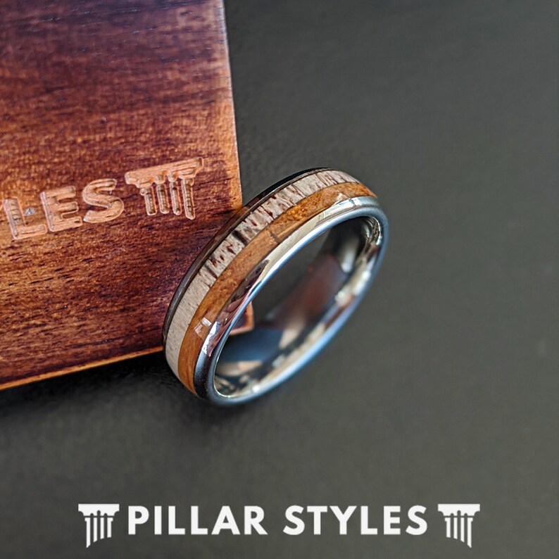 Deer Antler Ring Tungsten Wedding Band Mens Ring Bourbon Wood Ring Mens Rustic Antler /& Whiskey Barrel Ring Mens Wedding Band Tungsten Ring