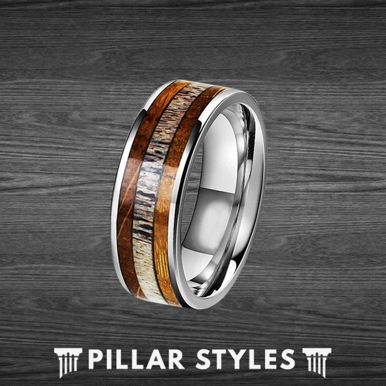 Whiskey Barrel Ring Tungsten Wedding Band Mens Ring Deer Antler Ring Mens Wedding Band Wood Ring Bourbon Barrel Rings for Men Silver Ring