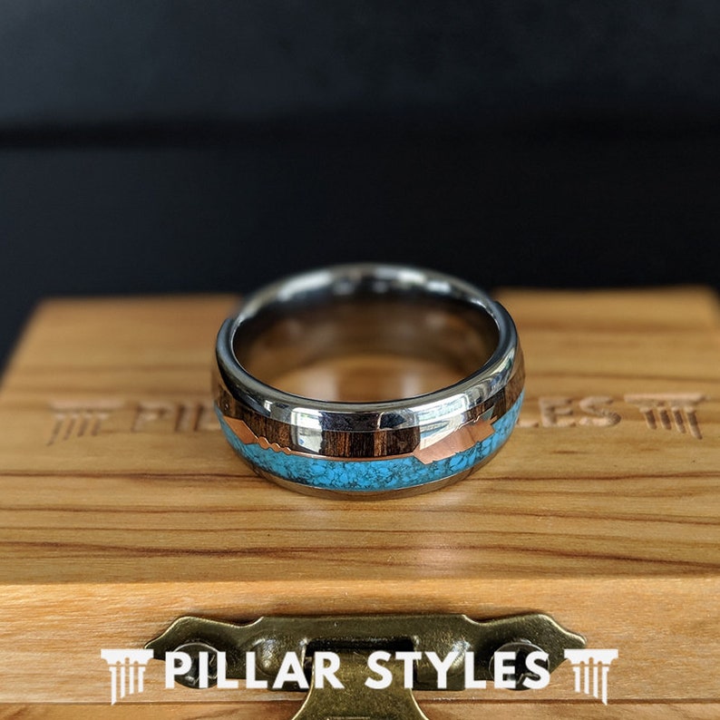 Silver Turquoise Ring Mens Wedding Band Tungsten Ring Koa Wood Wedding Band with Rose Gold Arrow Inlay 8mm Unique Engagement Bands for Him from Pillar Styles with Wooden Ring Box