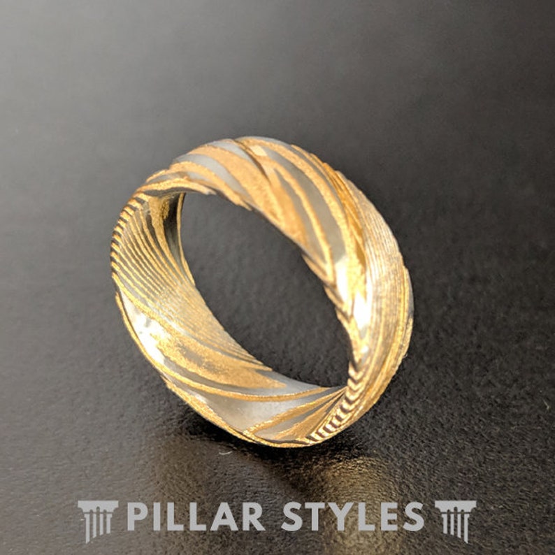 8mm Gold Ring Damascus Wedding Band Mens Ring Unique Wedding Bands Womens Damascus Ring 14K Gold Damascus Steel Ring Mens Wedding Band