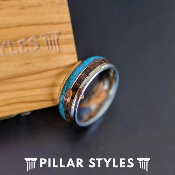 Silver Turquoise Ring Mens Wedding Band Tungsten Ring Koa Wood Wedding Band with Rose Gold Arrow Inlay 8mm Unique Engagement Bands for Him