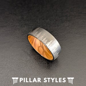 Tungsten Wedding Band Mens Wooden Ring with Forest Trees & Oak Wood Ring Mens Wedding Band Unique Wedding Ring Silver Tungsten Mens Ring image 2