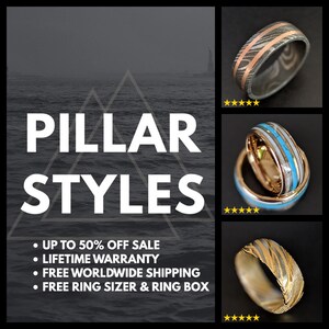 May include: Three different styles of men's wedding bands. The first band is a silver and copper band with a hammered finish. The second band is a gold band with a turquoise inlay. The third band is a gold band with a hammered finish. The text "PILLAR STYLES" is at the top of the image. The text "UP TO 50% OFF SALE", "LIFETIME WARRANTY", "FREE WORLDWIDE SHIPPING", and "FREE RING SIZER & RING BOX" is at the bottom of the image.