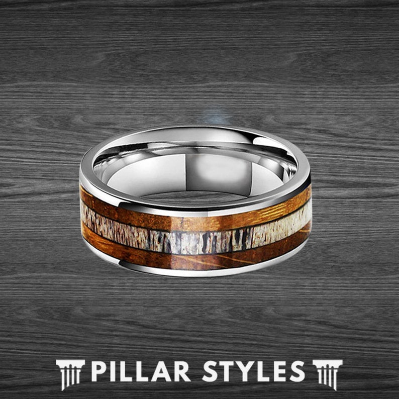 Whiskey Barrel Ring Tungsten Wedding Band Mens Ring Deer Antler Ring Mens Wedding Band Wood Ring Bourbon Barrel Rings for Men Silver Ring