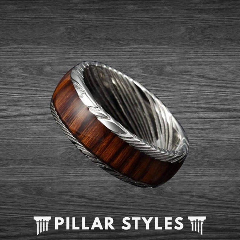 Silver Damascus Steel Ring Mens Wedding Band with Koa Wood Inlay Damascus Ring, 8mm Unique Koa Wood Ring, Damascus Wedding Band Mens Ring image 2