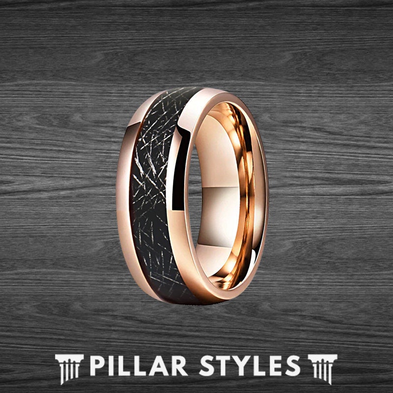Rose Gold Tungsten Meteorite Ring