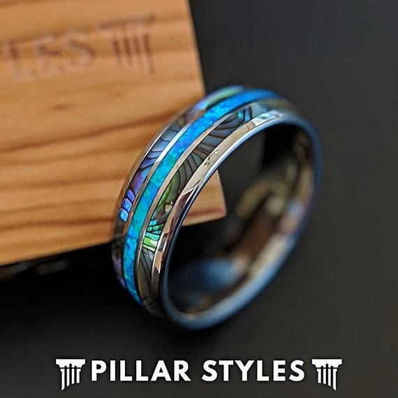 Abalone and Blue Opal Ring Mens Wedding Band 8mm Unique Abalone Ring  Tungsten Wedding Band Mens Ring Opal Wedding Bands Womens Opal Ring