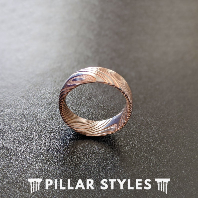 Damascus Steel Ring Mens Wedding Band Rose Gold Ring 8mm/6mm Damascus Ring Rose Gold Wedding Band Mens Ring Unique Couples Rings Set image 3