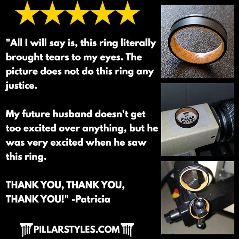 May include: A black ring with a wooden interior is displayed. The image includes customer testimonials and a logo. The ring is shown in a close-up shot, highlighting its design and craftsmanship. The text says "PILLARSTYLES.COM".