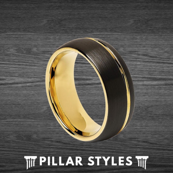 Wedding Bands For Men 8mm Yellow Gold Ring Comfort Fit Brushed Yellow Gold Tungsten Ring