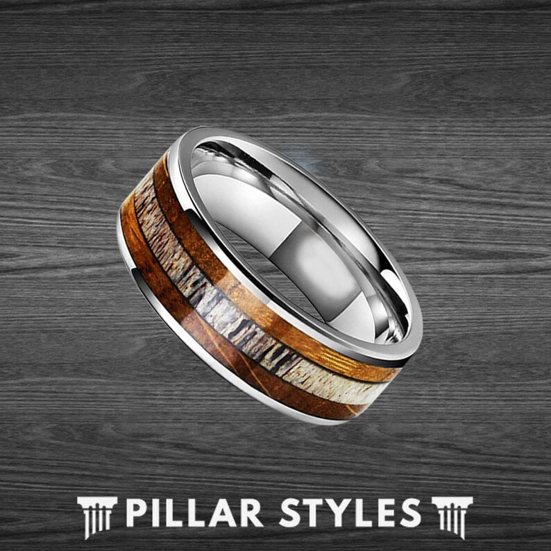 Whiskey Barrel Ring Tungsten Wedding Band Mens Ring Deer Antler Ring Mens Wedding Band Wood Ring Bourbon Barrel Rings for Men Silver Ring