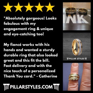 May include: Two gold wedding bands with a silver inlay. The bands are on a black surface with the word "INK" printed in white. The caption reads "Absolutely gorgeous! Looks fabulous with my engagement ring & unique and eye-catching too! My fianc&eacute; works with his hands and wanted a sturdy durable ring that also looked great and this fit the bill. Fast delivery and with the nice touch of a personalized Thank You card." - Catherine PILLARSTYLES.COM