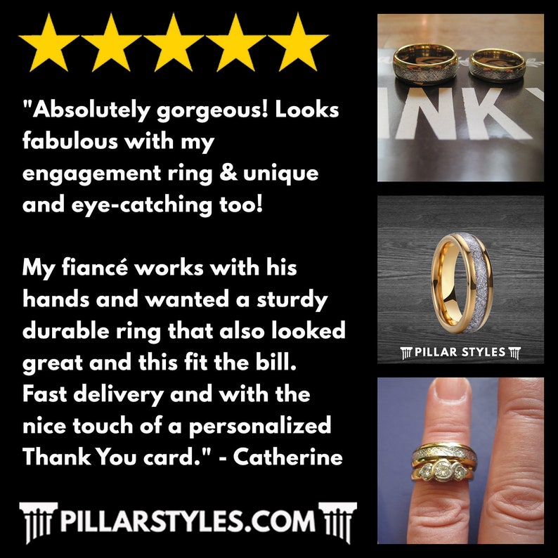 May include: Two gold wedding bands with a silver inlay. The bands are on a black surface with the word "INK" printed in white. The caption reads "Absolutely gorgeous! Looks fabulous with my engagement ring & unique and eye-catching too! My fianc&eacute; works with his hands and wanted a sturdy durable ring that also looked great and this fit the bill. Fast delivery and with the nice touch of a personalized Thank You card." - Catherine PILLARSTYLES.COM