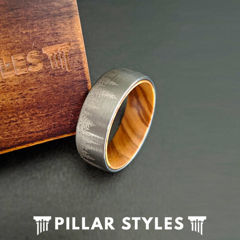 Tungsten Wedding Band Mens Wooden Ring with Forest Trees & Oak Wood Ring Mens Wedding Band Unique Wedding Ring Silver Tungsten Mens Ring image 1