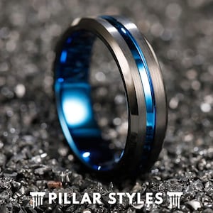 6mm Black Tungsten Wedding Band Mens Ring Blue Groove Mens Wedding Band Blue Ring Thin Blue Line Gifts Unique Tungsten Ring & Police Ring
