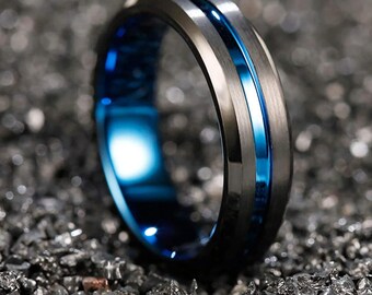 6mm Black Tungsten Wedding Band Mens Ring Blue Groove Mens Wedding Band Blue Ring Thin Blue Line Gifts Unique Tungsten Ring & Police Ring
