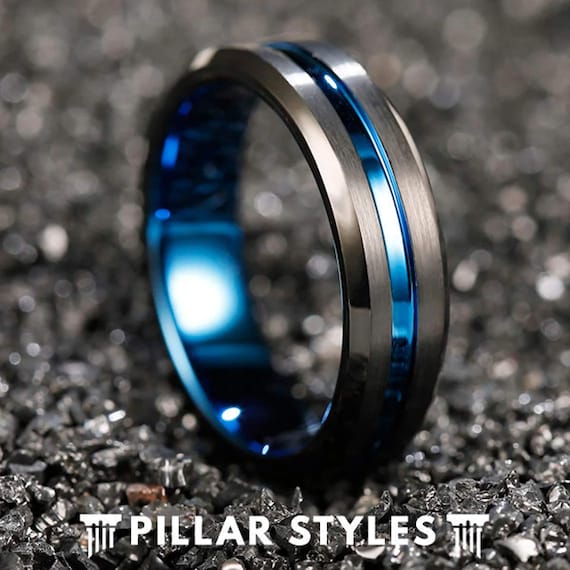 6mm Black Tungsten Wedding Band Mens Ring Blue Groove Mens Wedding Band  Blue Ring Thin Blue Line Gifts Unique Tungsten Ring Police Ring