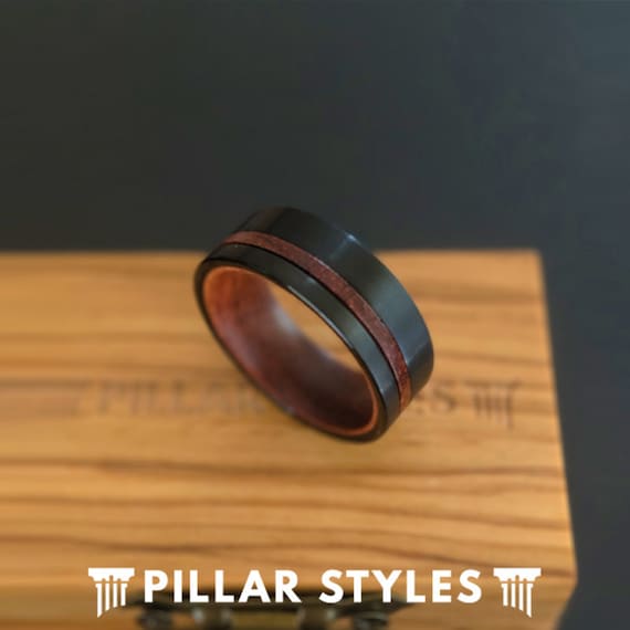 Rose Wood Wedding Band Mens Ring - Brushed Black Mens Wedding Band Tungsten Ring Wood Inlay Ring - 8mm Unique Wooden Wedding Rings for Men