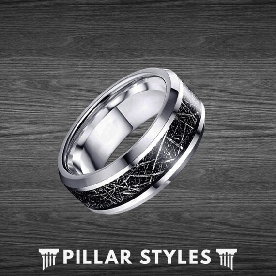 Silver Meteorite Ring Mens Wedding Band Tungsten Ring Black