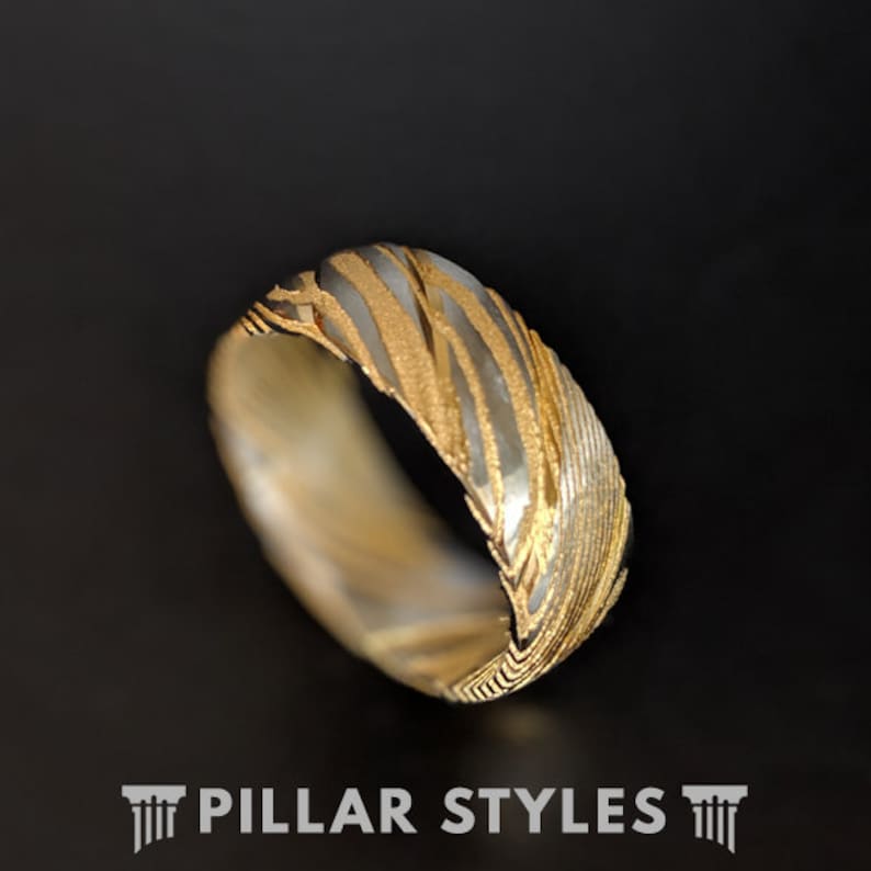 14K Gold Damascus Steel Ring Mens Wedding Band 8mm Gold Ring Etsy