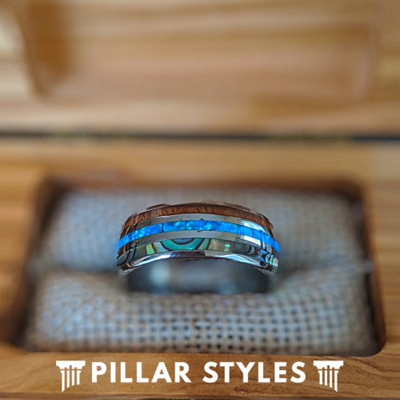 10mm Blue Opal Ring Mens Wedding Band Wooden Ring Abalone Ring