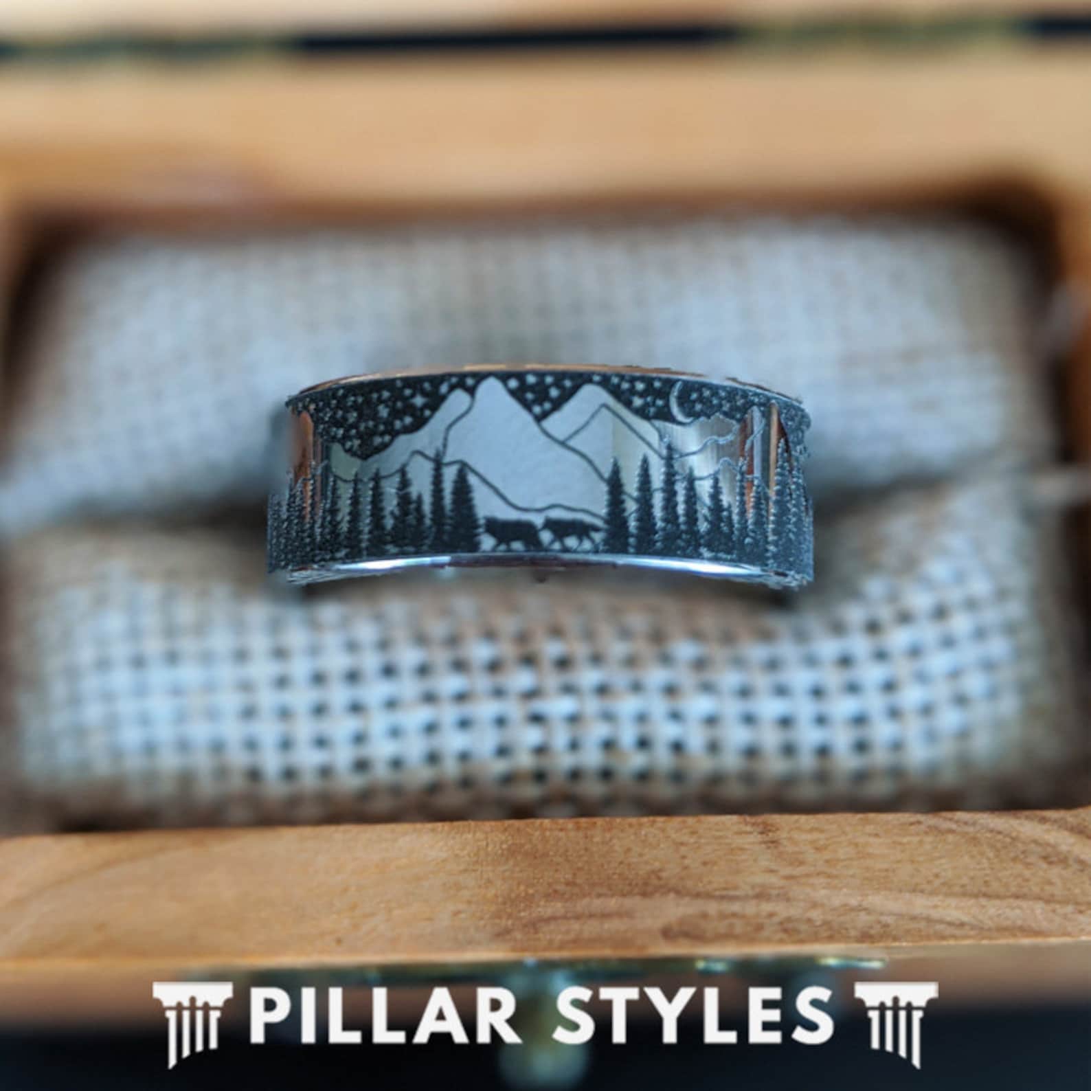 Mountain Ring Mens Wedding Band Tree Ring Unique Wedding Band Etsy