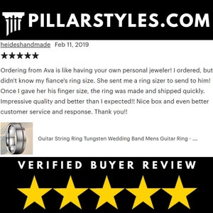 May include: A customer review for a silver and black tungsten wedding band with a guitar string inlay. The review is positive and states that the ring was made and shipped quickly. The customer also mentions that the quality of the ring was better than expected. The review includes five stars.