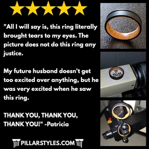 May include: A customer review with five stars for a wooden ring with a black outer band. The review states "All I will say is, this ring literally brought tears to my eyes. The picture does not do this ring any justice. My future husband doesn't get too excited over anything, but he was very excited when he saw this ring. THANK YOU, THANK YOU, THANK YOU!" -Patricia. The image also shows the ring being made on a machine and a sticker with the logo "PILLAR STYLES".