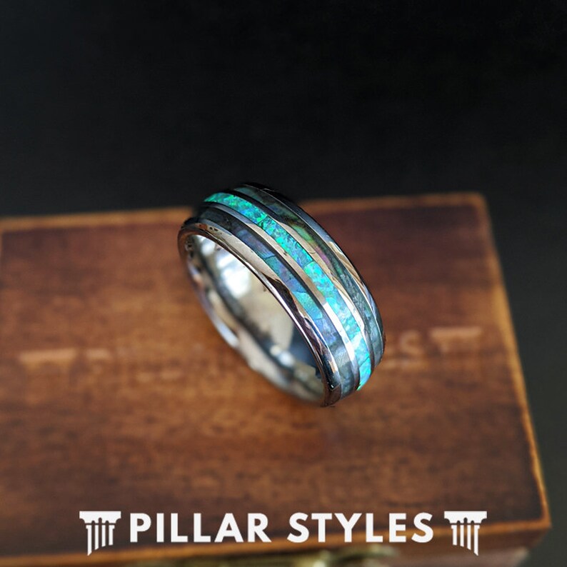 Nature Wedding Ring Opal Wedding Band Tungsten Ring Mens Etsy