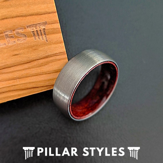 Unique Mens Ring Silver Wedding Band Wood Inlay Ring - 8mm Wood Wedding Bands Womens Rosewood Ring - Wooden Mens Wedding Band Tungsten Ring