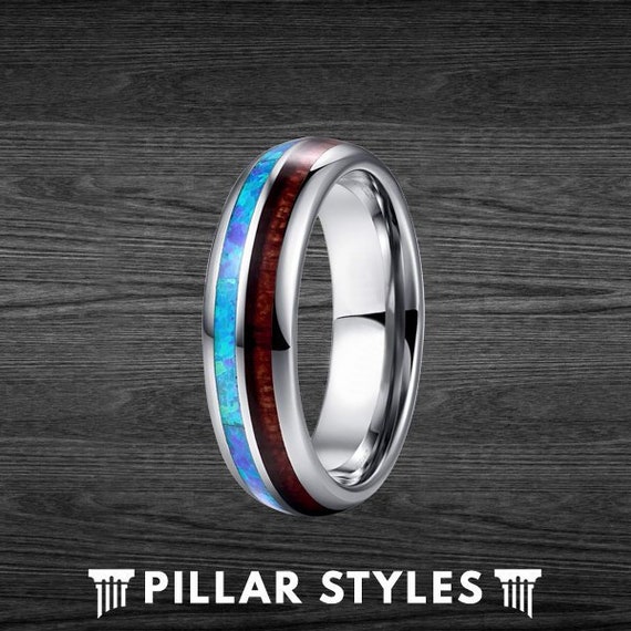 6mm Blue Opal Ring Mens Wedding Band Koa Wood Ring - Blue Fire Opal Ring Tungsten Wedding Bands Women Opal Engagement Ring Koa Wood Ring
