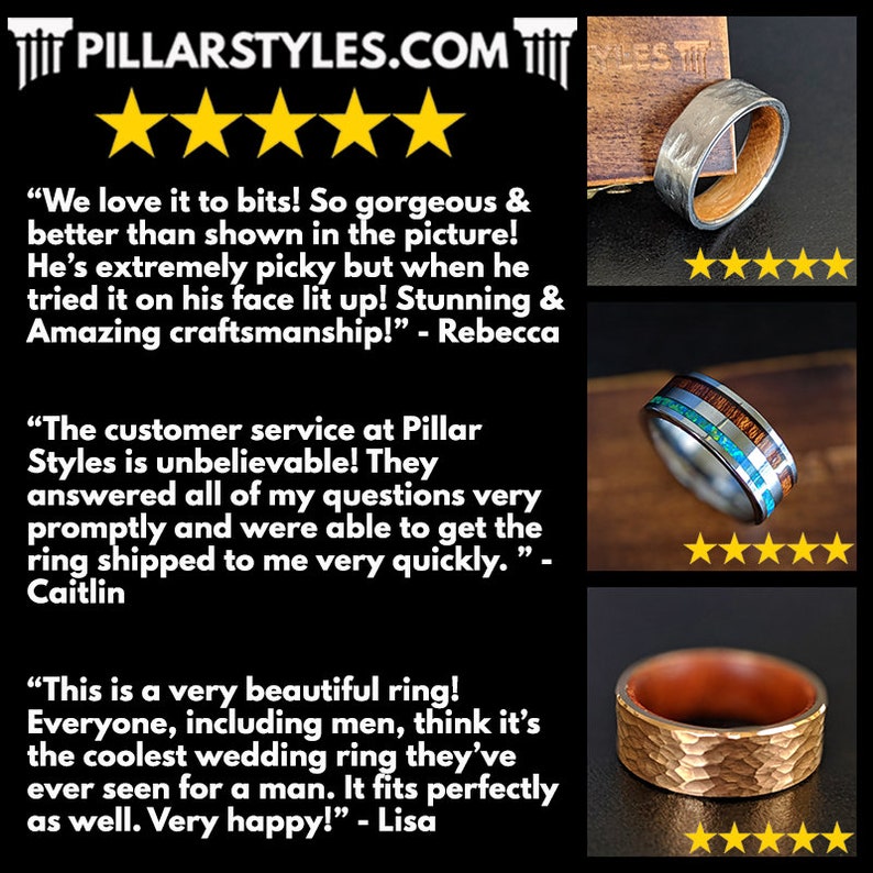 May include: Three customer reviews for a men's wedding band company. The reviews are positive and highlight the quality of the rings and the excellent customer service. The image also shows three different styles of wedding bands, each with a different wood and metal combination.