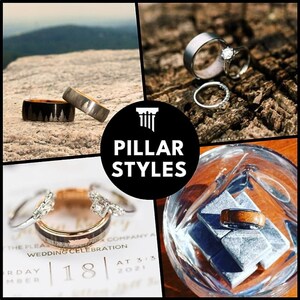 May include: A collage of rings, including wedding bands and engagement rings. One ring features a forest design. The text "PILLAR STYLES" is in a black circle. Some rings are on a wedding invitation with the date "18" and the text "WEDDING CELEBRATION".