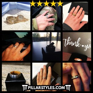May include: A collage of images showcasing different styles of men's wedding bands. The bands are made of various materials, including wood, metal, and a combination of both. The images show the bands on hands, in boxes, and with a thank you note.