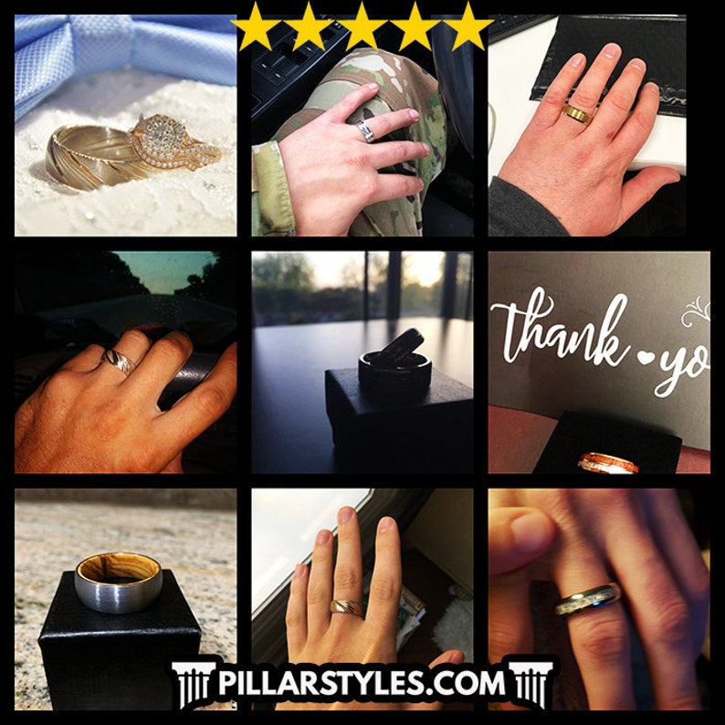 May include: A collage of images showcasing different styles of men's wedding bands. The bands are made of various materials, including wood, metal, and a combination of both. The images show the bands on hands, in boxes, and with a thank you note.