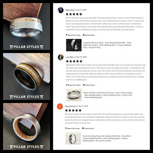 May include: Three different styles of men's wedding bands. The first band is made of silver and has a hammered finish. The second band is made of wood and has a natural finish. The third band is made of titanium and has a camo pattern.