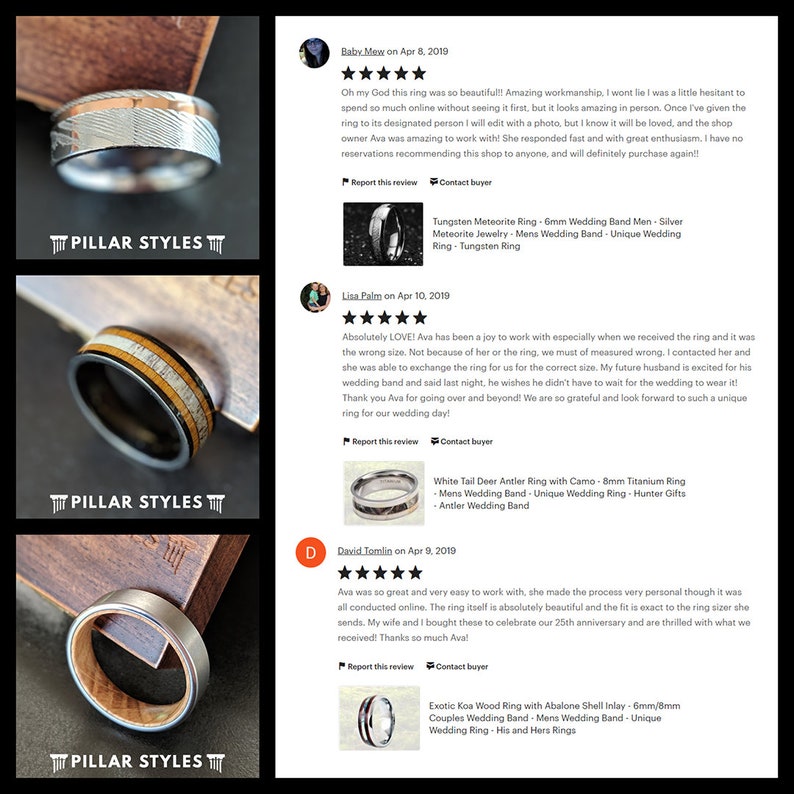 May include: Three different styles of men's wedding bands. The first band is made of silver and has a hammered finish. The second band is made of wood and has a natural finish. The third band is made of titanium and has a camo pattern.