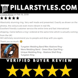 May include: A tungsten wedding band with a blue and green abalone shell inlay. The ring is a men's wedding band and is made of tungsten. The ring is shown on a white background. Verified Buyer Review.