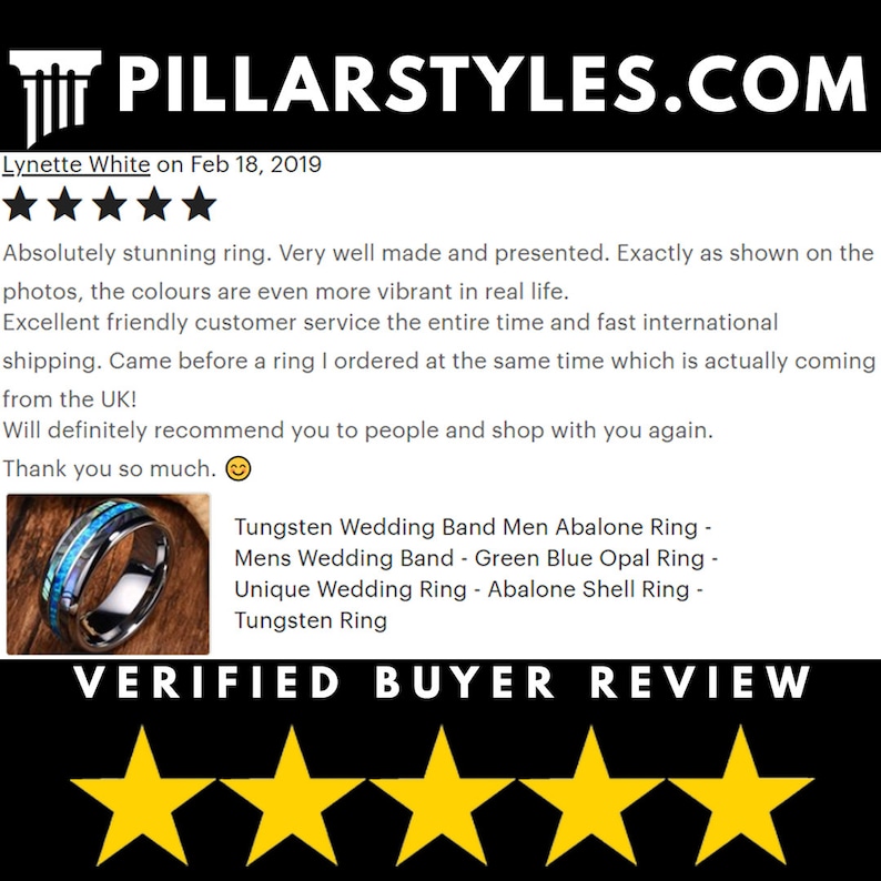 May include: A tungsten wedding band with a blue and green abalone shell inlay. The ring is a men's wedding band and is made of tungsten. The ring is shown on a white background. Verified Buyer Review.