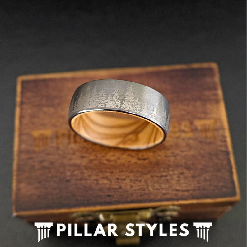 Tungsten Wedding Band Mens Wooden Ring with Forest Trees & Oak Wood Ring Mens Wedding Band Unique Wedding Ring Silver Tungsten Mens Ring image 3