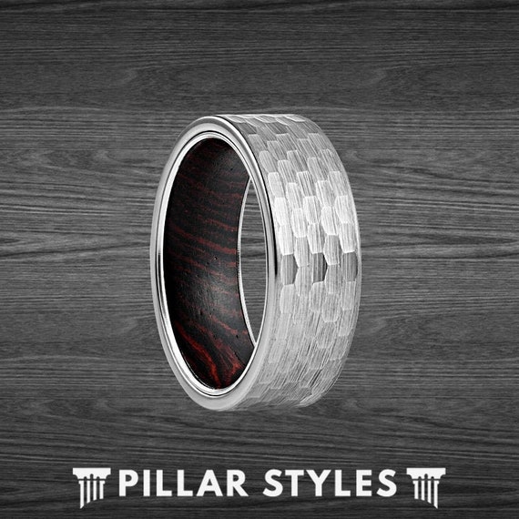 Silver Hammered Ring Mens Wedding Band Wood Ring, Norse Tungsten Wedding Band Mens Ring, Mens Viking Ring Silver Rings for Men Wooden Ring