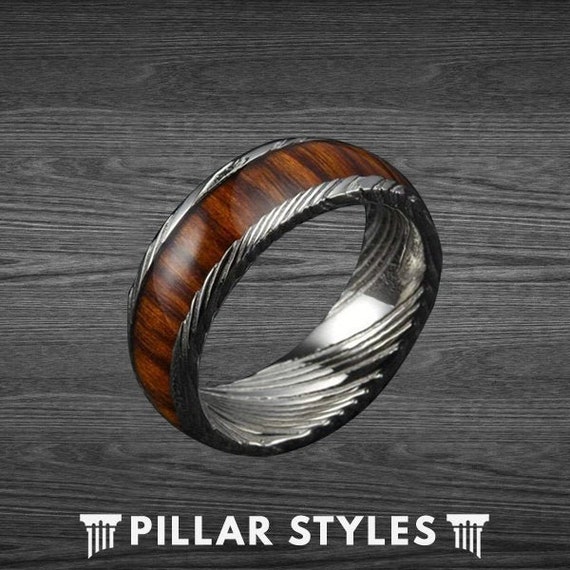 Silver Damascus Steel Ring Mens Wedding Band with Koa Wood Inlay Damascus Ring, 8mm Unique Koa Wood Ring, Damascus Wedding Band Mens Ring