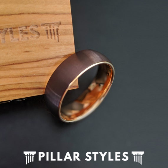 18K Rose Gold Tungsten Ring Mens Wedding Band with Brushed Cappuccino Finish, 8mm Tungsten Wedding Band Mens Ring Unique Rose Gold Ring