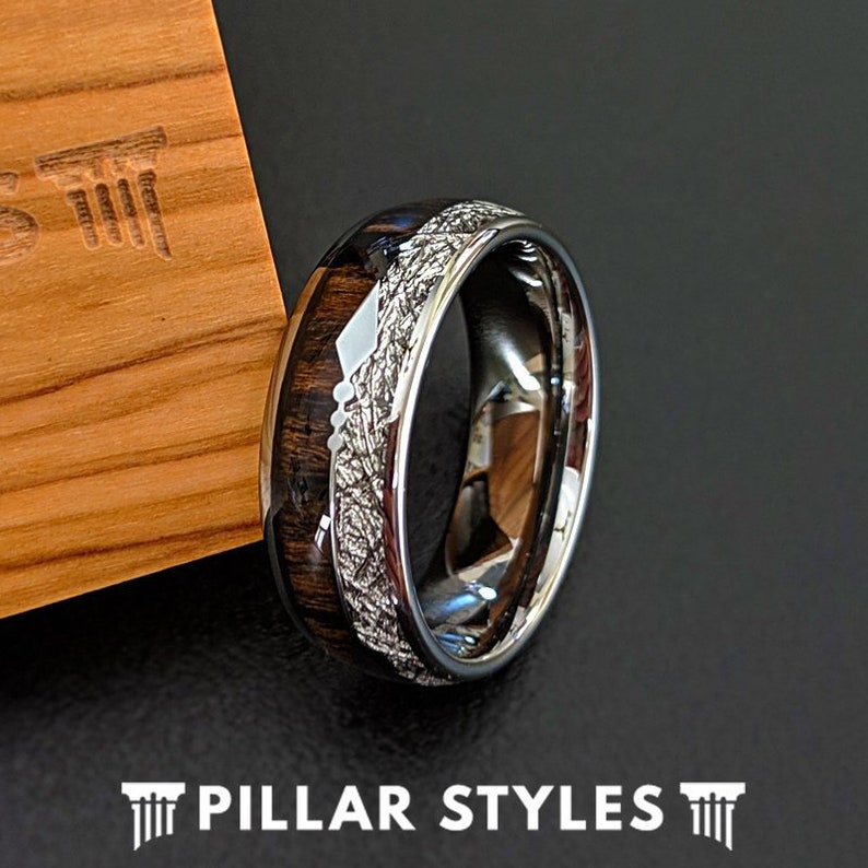 Meteorite Ring Mens Wedding Band Koa Wood Ring Tungsten Wedding Band Mens Ring, Meteorite Engagement Ring Arrow Ring Wood Inlay Wedding Ring image 1