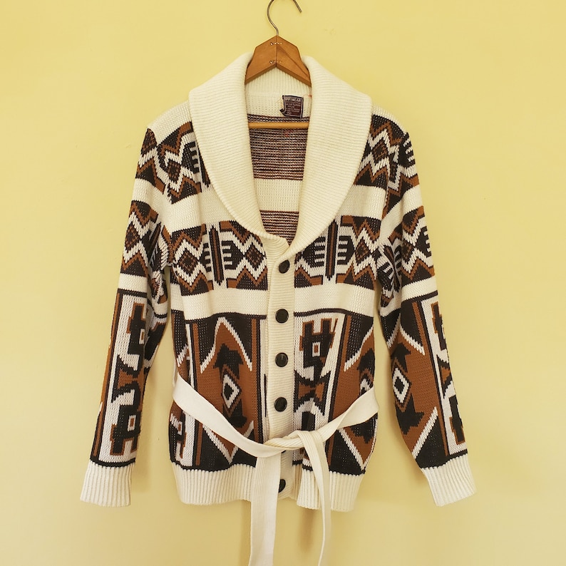 vintage Shawl Cardigan Sweater Aztec Native American Ethnic Knit sz Small S