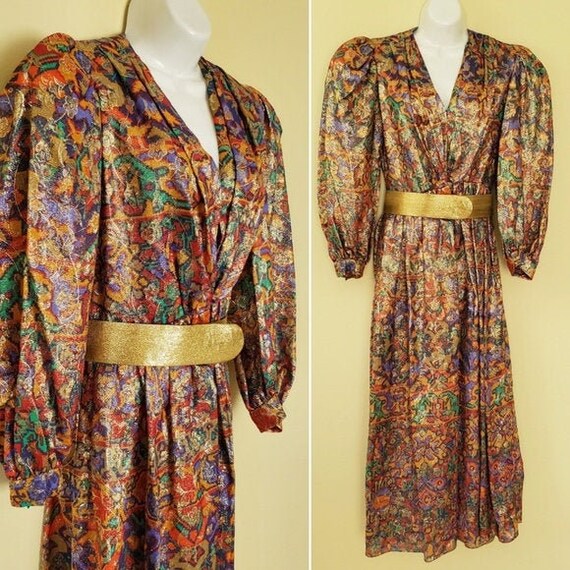 vintage Diane Dickinson Metallic Gold Dress 70s 80