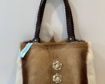 aqua madonna tote handbag springbok fur and leather trim brown